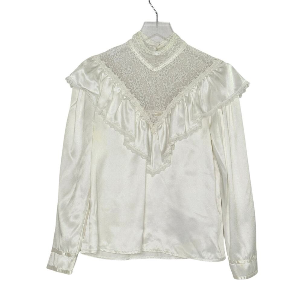 Vintage Gunne Sax Victorian Style Blouse S Ivory Satin Lace Ruffles *flaw